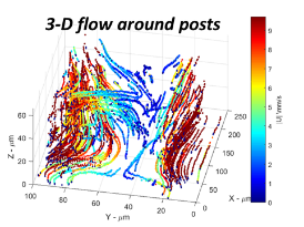 Digital graphic of 3D Flow. Shows flow along X, Y, and Z axes. Distance measured in micrometers.