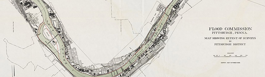 Extent of Surveys Map included in the Report of the Flood Commission of Pittsburgh, PA published by the Pittsburgh, Murdoch, Kerr & Company in 1912.