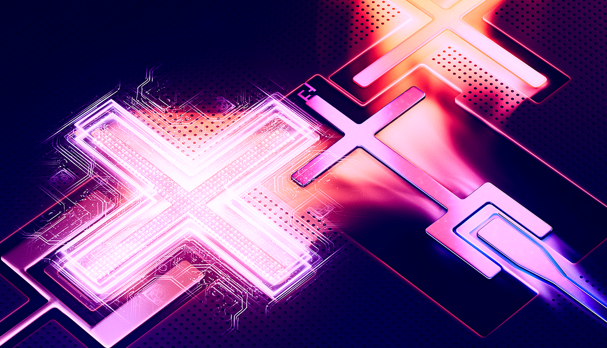 Three qubits appear in an artist’s conception as X-shaped icons that fit together.