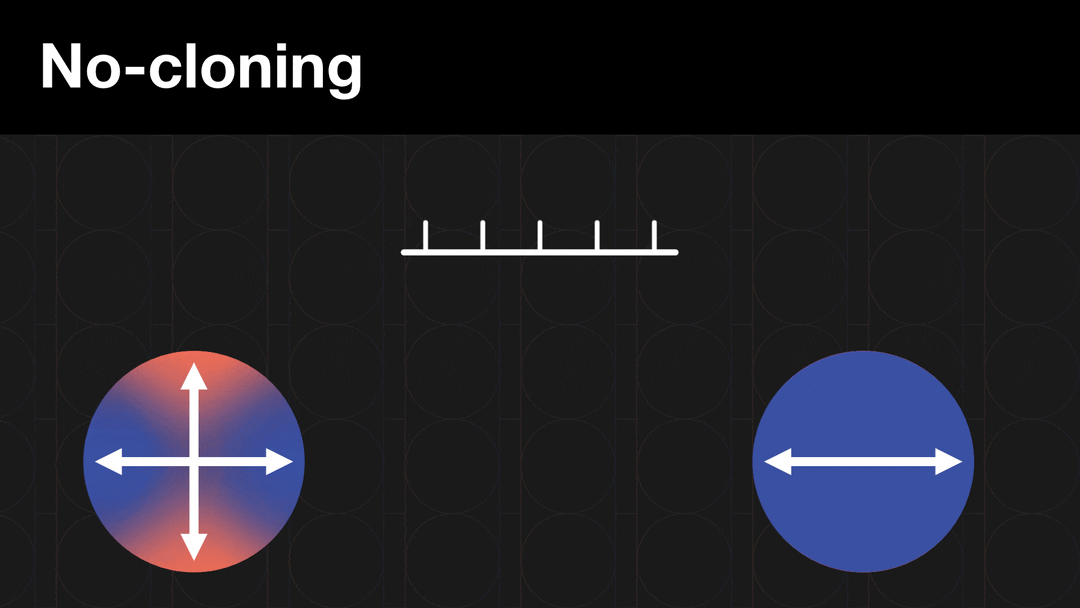 No-cloning animation shows photons changing from dual orientation to singular orientation when an eye opens and "sees" them.  
