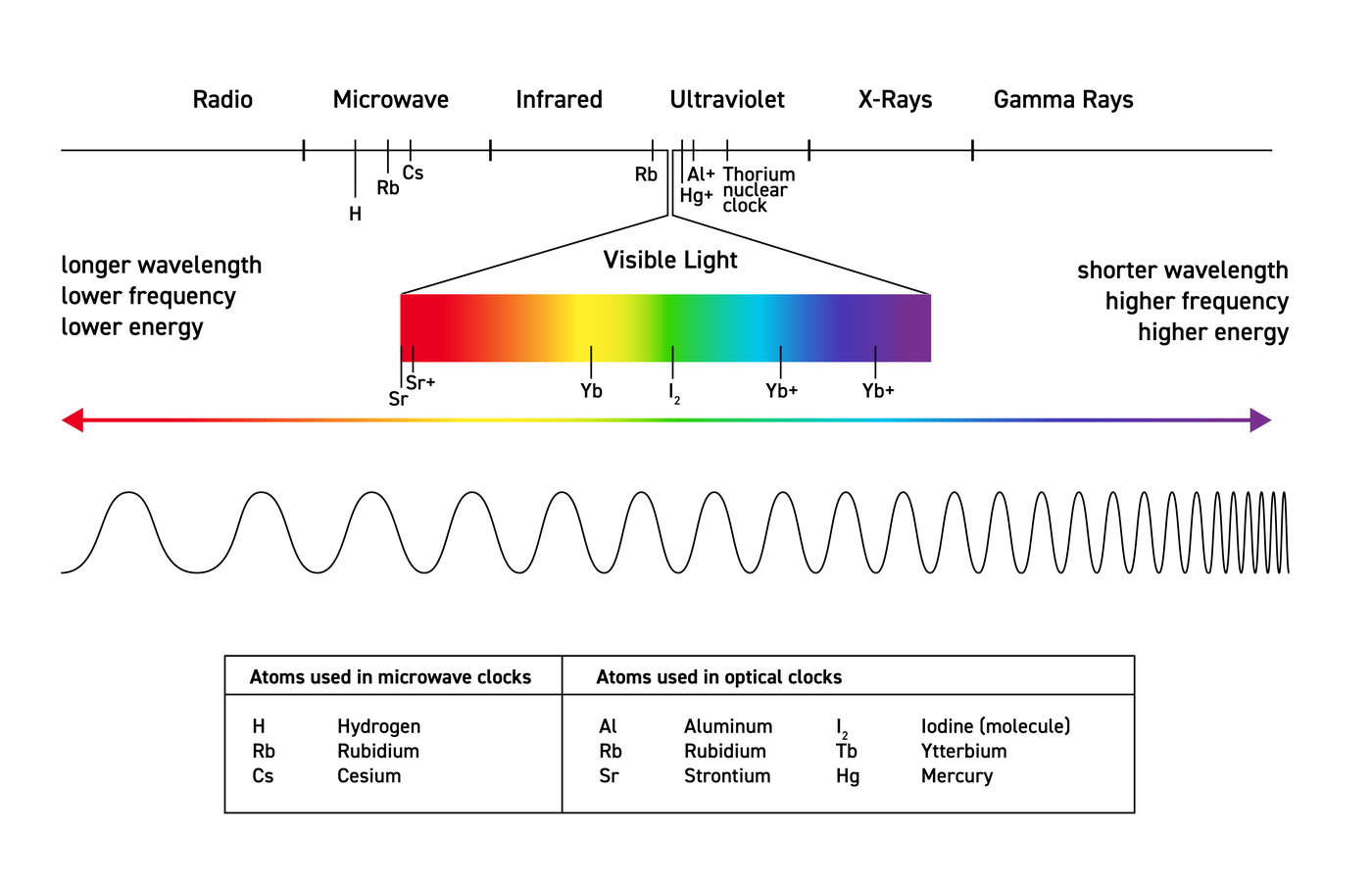 Diagram show spectrum from radio (lower frequency) to gamma rays (higher frequency) with the visible light portion highlighted and particular atoms marked. A key shows the types of atoms used in microwave and optical clocks. 