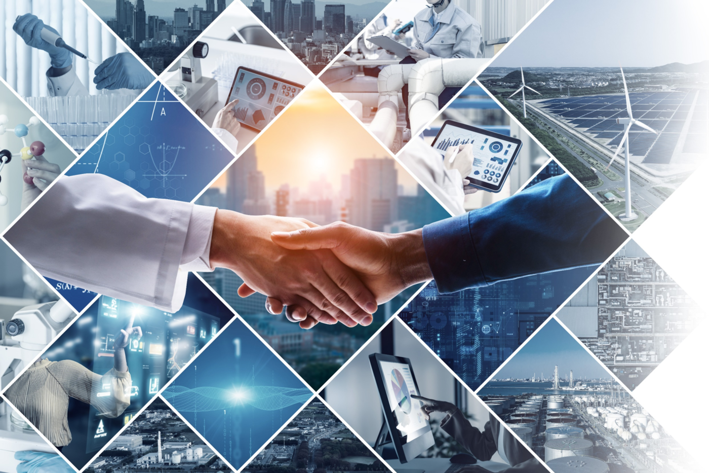 a scientist and a business person shake hands in front of images that represent scientific research, renewable energy, and advancements in manufacturing