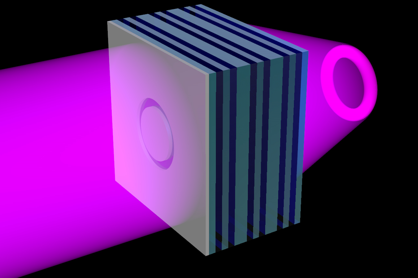 A schematic shows an opaque sheet with a ring-shaped opening layered over the left side of the metamaterial flat lens. Ultraviolet light shines from the left side of the metamaterial, through the ring-shaped opening, to the other side of the lens, where it's projected as a 3D ring of light.