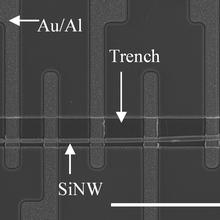 Scanning electron microscope image shows a single silicon nanowire positioned in an etched trench using NIST's nanowire manipulation technique. 