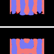 Computer simulations of two possible morphologies of a block copolymer film