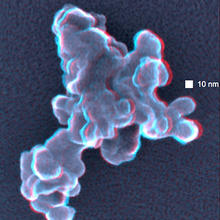 Stereo SEM imaging of nanoparticles reveals hidden/embedded structures.