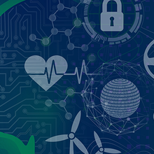 An illustration in blue and green of a human head with icons representing AI uses like self-driving cars, medical care, and drone deliveries