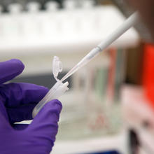 close up of a hand pushing milk into a vial