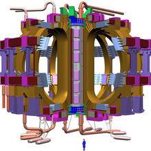 Larger schematic showing a tiny human figure indicates the scale of the ITER toroid.