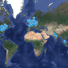 Worldwide map showing locations of the 76 NIST Glycan Interlaboratory Study participants in North America, Europe, Asia and Australia.