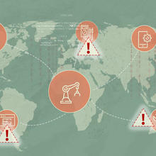 An orange world map overlaid with a network of connected products and computer code, plus two exclamation points in triangles.