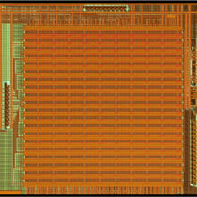 Fig. 3. Experimental Demonstration Underway: Die micro-graph of 10/10 Race Logic DNA sequence alignment array, with exposed vias ready for post CMOS memristors.