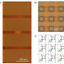 a) 40,000-transistor array with resistive memory devices b) zoomed micrograph of local device fabrication sites and vias. c) simplified schematic of the 2T-1R network structure.