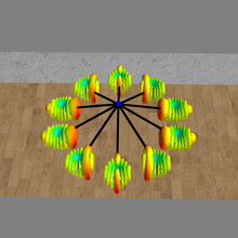 Computer visualization showing small blue ball with 10 black spindles emanating from it, with multicolored brush-like clouds at the end of each spindle in a room with wood-paneled floors.