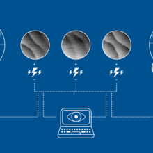 On a blue background, computers with eyes sit beneath circular images of two large yellow wavy graphics and five black and white images in smaller circles.