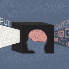 An illustration of a black box with a human brain in it. The input to the black box is 0's and 1's, the output includes icons of maps, emails, calendar appointments and other data that might be useful in a criminal investigation.