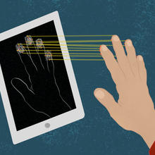 A mobile device scans the fingerprints of a hand held close to the screen. 