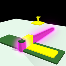A glowing purple bar representing the LED is attached to a green surface by a yellow metal contact. 