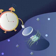 Cartoon alarm clock holds magnifying glass and runs after a splat representing a particle covered with squiggly lines representing a field.
