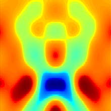 Blurry, colorful microscope image looks like a muscled man holding his arms up.