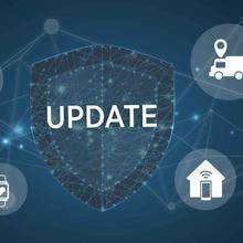 Shield labeled "Update" is surrounded by icons for Internet of Things applications like fitness trackers and smart home systems.