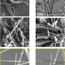 Grid of six B&W images of asbestos fibers taken by scanning electron microscopy