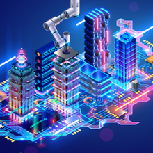 image of the USA map with a world of circuits and chips as buildings