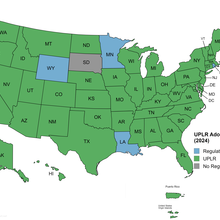 United States and Territories map illustrates the status of packaging and labeling regulation adoption