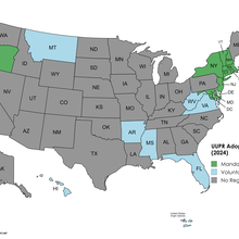 Map of U.S. states and territories indicates adoption status of mandatory or voluntary regulations and states where no regulations are in effect.