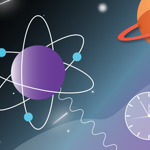 Illustration of an atom in outer space near a ringed planet with an analog clock face floating nearby. 