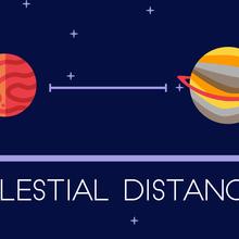 Illustration shows planets with a measuring line stretching between them. Text across the bottom reads: Celestial Distances.