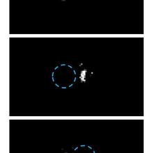 Three microscope images arranged vertically show ions as white dots on a black background.
