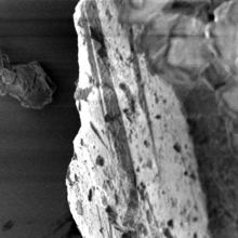 Black and white enlarged image of moon dust particle