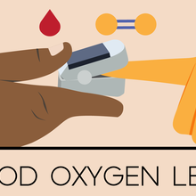 Illustration shows a finger pointing toward an open pulse ox device held by another person. It reads: Blood oxygen level. 