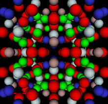 red, blue, grey, brown and blue spheres representing aluminum, lithium and copper atoms organized in a geometric pattern