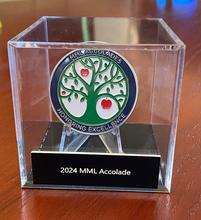 Clear acrylic box holding a two inch challenge coin with an apple tree that represents the MML Accolades program