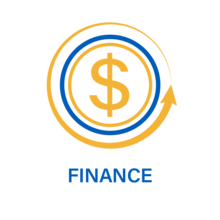 Finance Icon showing a dollar sign with circles moving around it.