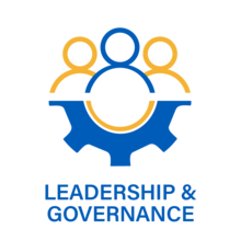 Leadership and Governance Icon showing an outline of leaders on top of a gear.