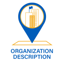 Organization Description Icon displaying buildings with a flag inside a dropped pin on a map.