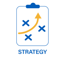 Strategy Icon showing a clip board with an arrow going up through x's. 