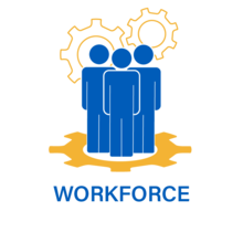Workforce Icon showing outline of three people standing in gear circle with two gears behind them.