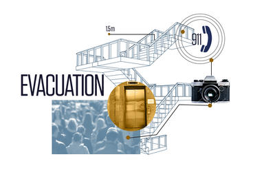 a collage showing images of a crowd of people, an elevator, the word evacuation, a stairwell with the stairs marked as 1.5 meters wide, an icon of a telephone with the numbers 911, and a camera