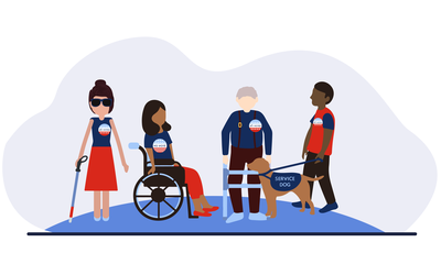A drawing shows four people with various disabilities gathered together.  