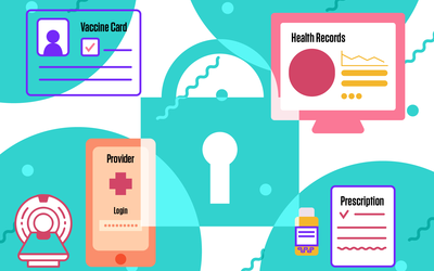 Illustration shows a padlock surrounded by health-care images like a medicine bottle, a vaccine card, and health records.