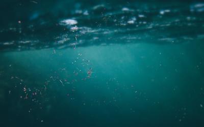 Illustration shows tiny colored pieces of plastic floating under the surface of the ocean with sunlight shining through. 