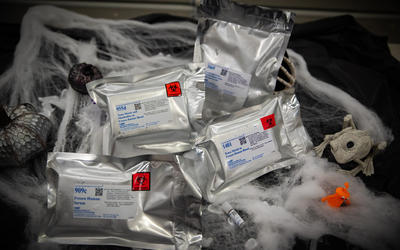 Several metallic envelopes with NIST labels are displayed with Halloween decorations like cobwebs, skeletons and pumpkins.