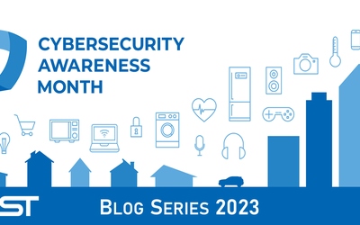 Banner with a cityscape and pictures of cybersecurity-related imagery