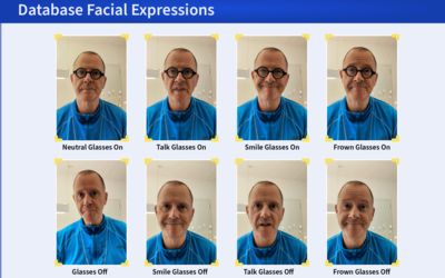 Eight images show the same person, four wearing glasses and four without, and all with different face expressions. Label says: Database Facial Expressions.