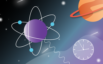 Illustration of an atom in outer space near a ringed planet with an analog clock face floating nearby. 