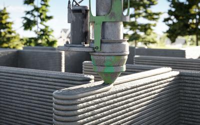 a machine 3d printing a single-family home built out of concrete